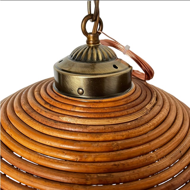 Mid 19th Century Italian Pencil Reed Rattan & Burnished Brass Dome Pendant, C. 1960 For Sale - Image 9 of 11