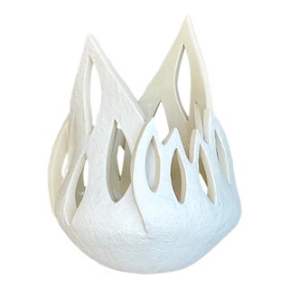 Vintage Signed Modernist White Ceramic Flame Cachepot For Sale