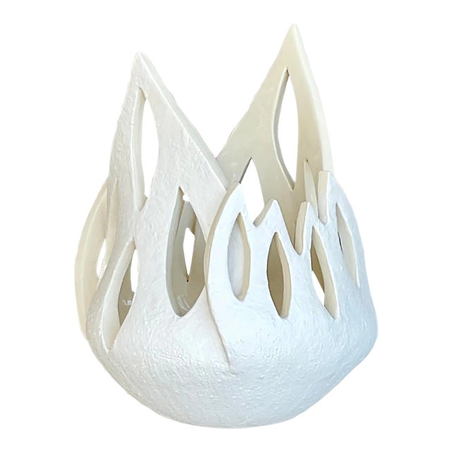 Vintage Signed Modernist White Ceramic Flame Cachepot For Sale
