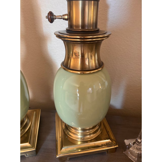 Vintage Stiffel Celadon Green Ostrich Egg Brass Torchiere Lamps - a Pair For Sale In Sacramento - Image 6 of 7