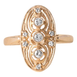 Estate 3 Stone Diamond Elongated Oval Filigree Ring 14k Yellow Gold For Sale