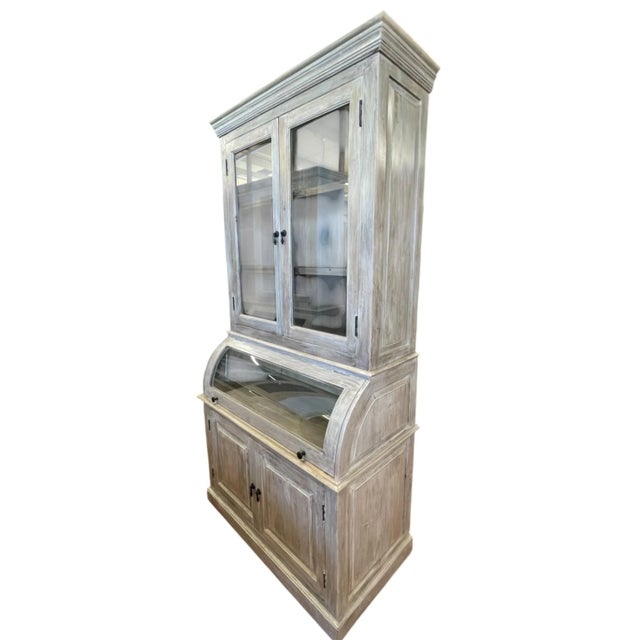 Wood Coastal Cottage Curved Glass Kitchen Cupboard For Sale - Image 7 of 8