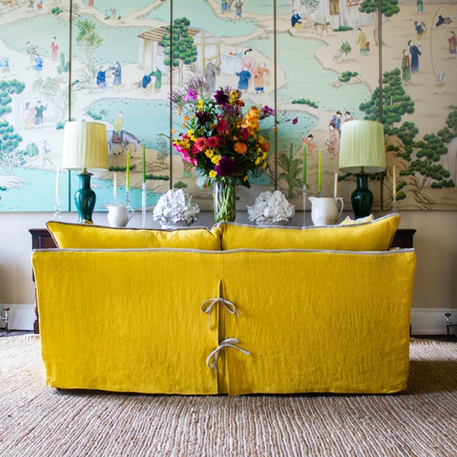 Textile Sophie Conran Coco 2.5 seater Sofa with Contrast Welt Knife Edge Cushion in Ochre Linen For Sale - Image 7 of 8