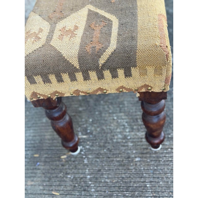 Brown Mid 20th Century Upholstered Bench With Kilim Style Fabric and Turned Wood Legs For Sale - Image 8 of 12