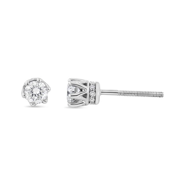 Contemporary 14K White Gold 1/2 Cttw Round Diamond 6 Prong Crown Stud Earrings For Sale - Image 3 of 5