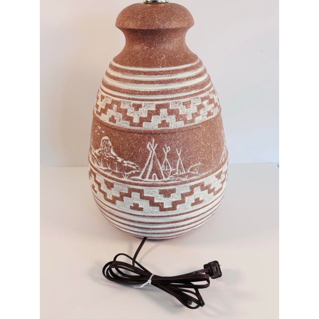 Vintage 1980s Southwestern-Style Terracotta Pottery Base W/ Teepee & Mountains Table Lamp For Sale In Boston - Image 6 of 10