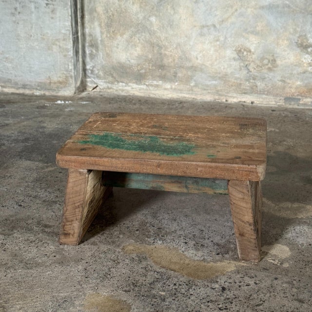 Brutalist Small Occasional Stool in Upcycled Teak with Traces of Green Chrome on the Top, 1990s For Sale - Image 3 of 11
