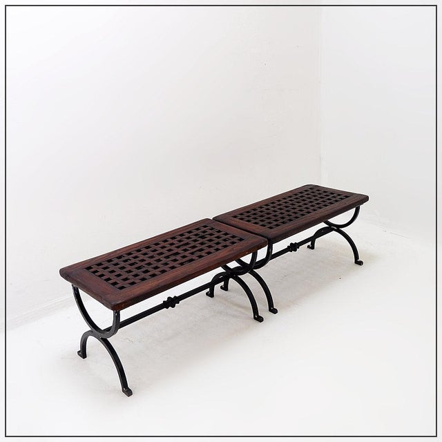 Black Benches in Openwork Wood with Wrought Iron Legs, Set of 2 For Sale - Image 8 of 13
