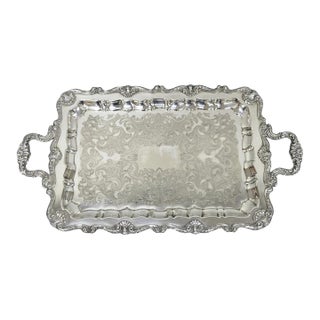Vintage English Silver MFG Co Silver Plated Footed Serving Platter Bar Tray For Sale