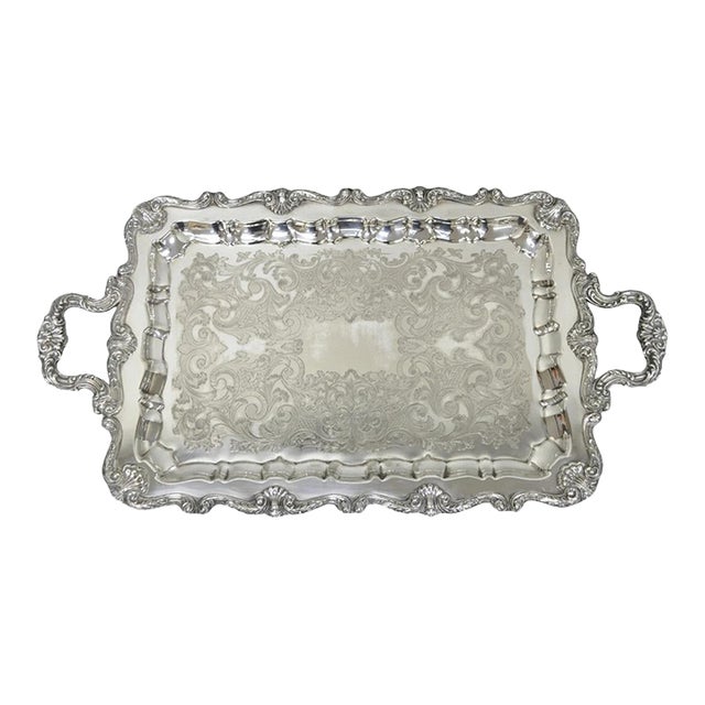 Vintage English Silver MFG Co Silver Plated Footed Serving Platter Bar Tray For Sale