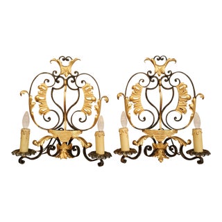 Early 20th Century French Louis XV Painted Iron Two-Light Wall Sconces - a Pair For Sale