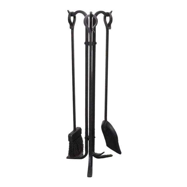 Vintage Hand-Forged Iron Fireplace / Fire Tool Set With Poker, Shovel, and Brush For Sale