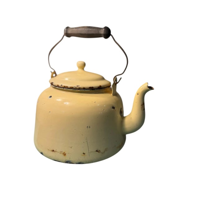 English 20th Century Rustic Enamel Yellow Tea Kettle Cottage Decor or Planter For Sale - Image 3 of 16