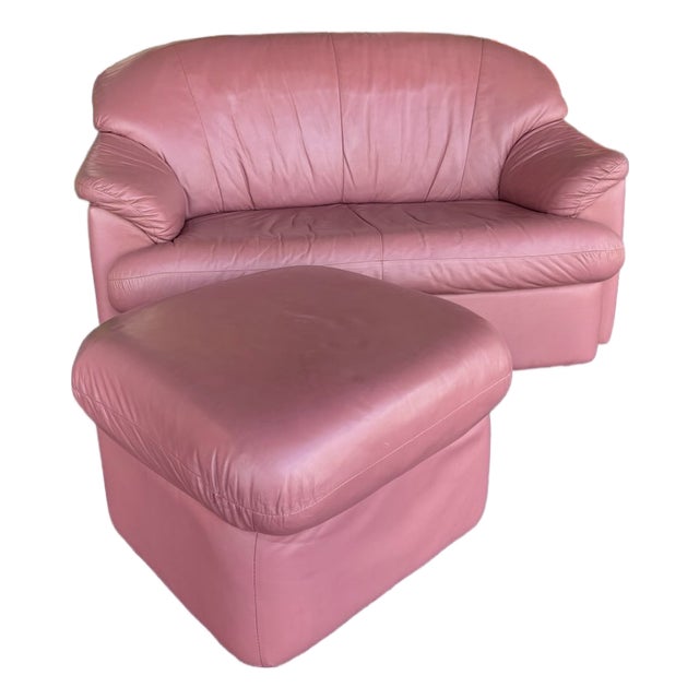 Postmod Pink Leather Loveseat W/ Otto For Sale
