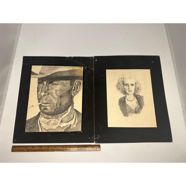 Vintage June Marlowe & Clint Eastwood Charcoal Drawings, Signed by C. Mathis - a Pair For Sale - Image 9 of 10