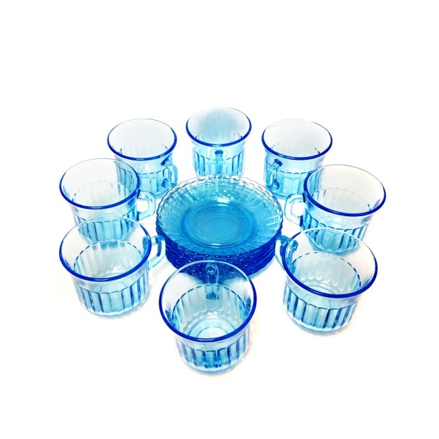 Mid-Century Modern Vintage Forte Crisa Cup & Saucer Light Blue Glass Tea Serving Set of 8 For Sale - Image 3 of 7