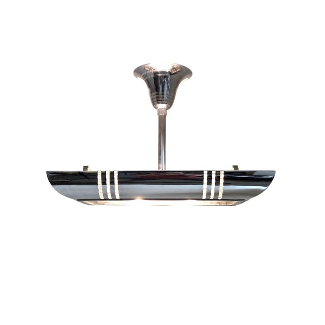 Mid 20th Century French Modernist Art Deco Billiard Chandelier Highly Polished Nickel & GlassRods For Sale - Image 15 of 18