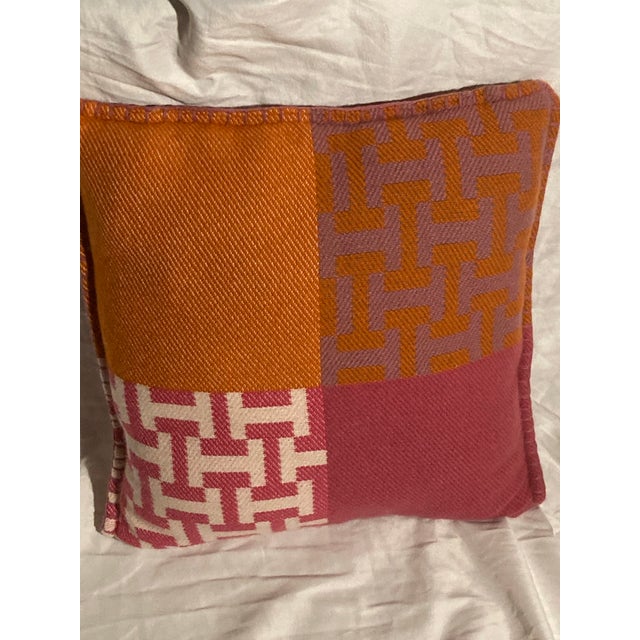 2010s Hermes Hibiscus/Mandarine Avalon Terre d'H Pillow Hermes Hand Woven Blanket (100' Cashmere) Measures 15.7" X 15.7" New Never Used No Box For Sale - Image 5 of 8