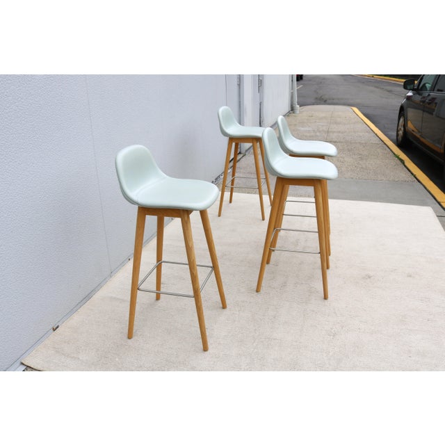 Danish Modern Iskos-Berlin for Muuto Leather Fiber Bar Stools Oak Base, Set of 4 For Sale In New York - Image 6 of 18