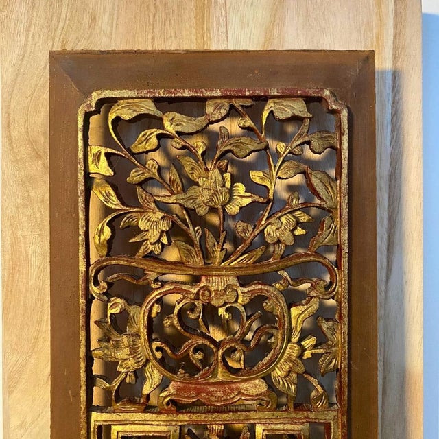 Wood Antique c.1920 Chinese Giltwood Carved Architectural Panels – Pair For Sale - Image 7 of 8