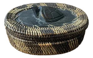 Vintage Carved Wooden Sea Turtle Woven Basket Wood Base Trinket Jewelry Box