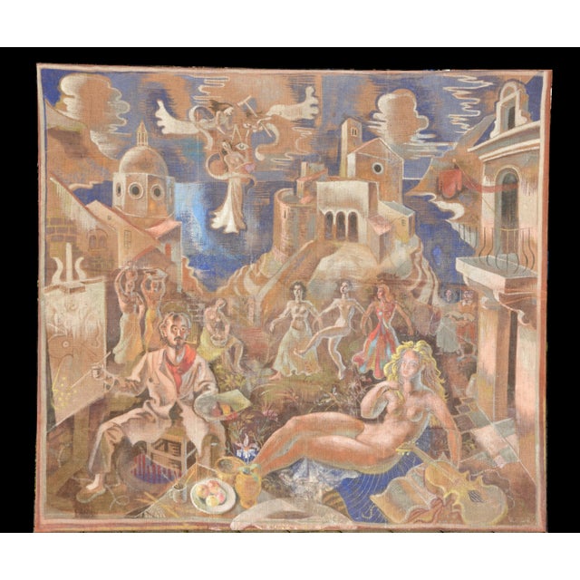 Michel Jamar, Michel Jamar, großformatiges Gemälde, Tapisserie, um 1950, mediterrane Küstenszene, Canvas, in Very Good...