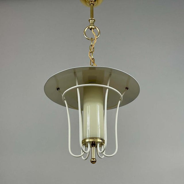 Metal Caged Opaline Glass, Cream and Brass Pendant Lantern, Germany, 1950s For Sale - Image 7 of 17