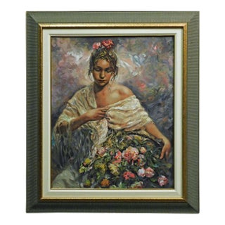 Royo "El Manto Dorado" on Panel H.Signed Numbered Artwork, Flowers Europe Framed For Sale