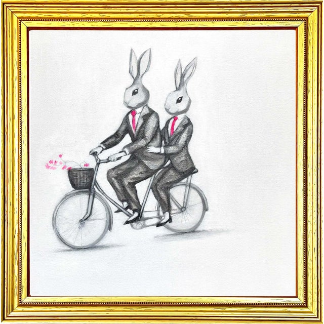 A Fine Art Print of an original 12"x12" oil painting featuring two bunnies wearing suits riding a bike by Max and Alma....