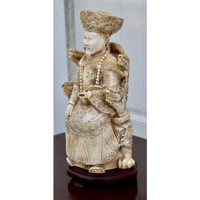 Chinese Vintage Emperor Resin Statue Chinese Faux Ivory Carved Figurine Dragon Throne For Sale - Image 3 of 15
