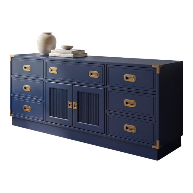 Professionally Refinished Dixie Solid Wood Campaign Dresser in Custom Navy Blue For Sale