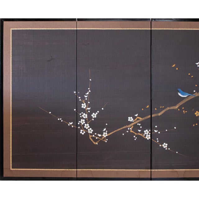 Lovely Shōwa Era 4-panel Japanese hand painted silk Byobu (folding screen), depicting Sakura branch (cherry tree) and...