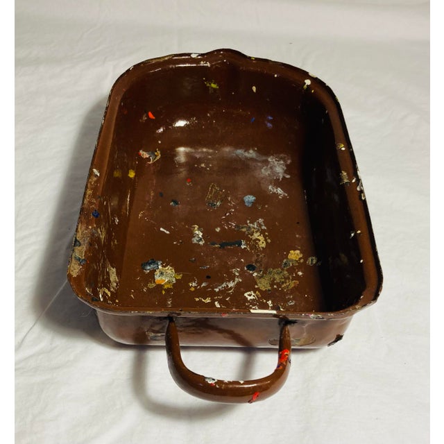 Metal Vintage Enamelware Shallow Dish With Single Handle and Spout Small Feet at Bottom For Sale - Image 7 of 8
