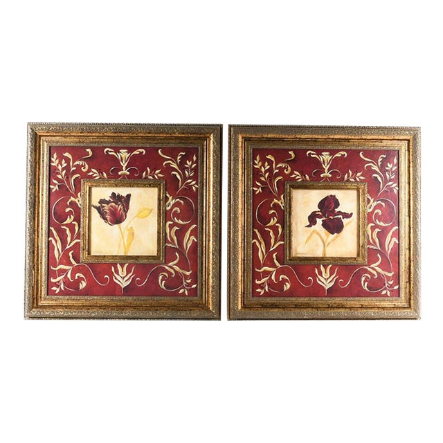 Pair of Framed Laurel Lehman Red Iris and Tulip Floral Prints For Sale