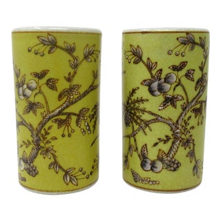 Antique Pair Chinese Cracklware Yellow Brush Pots Vases Republic Period Yellow For Sale