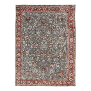 Antique Persian Tabriz Rug With Floral and Vine Design in Muted Blue and Red Tones 8'9"x12'2"