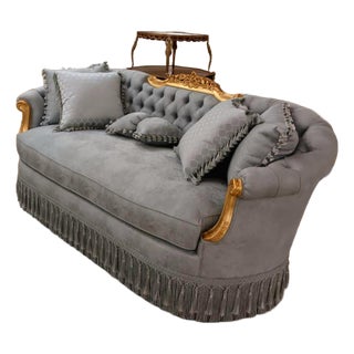 Louis XVI Grand Sofa With Green Blue Velvet Upholstery, Hand-Gilded Gold Leaf Frame & Hand-Painted Floral Medallion For Sale
