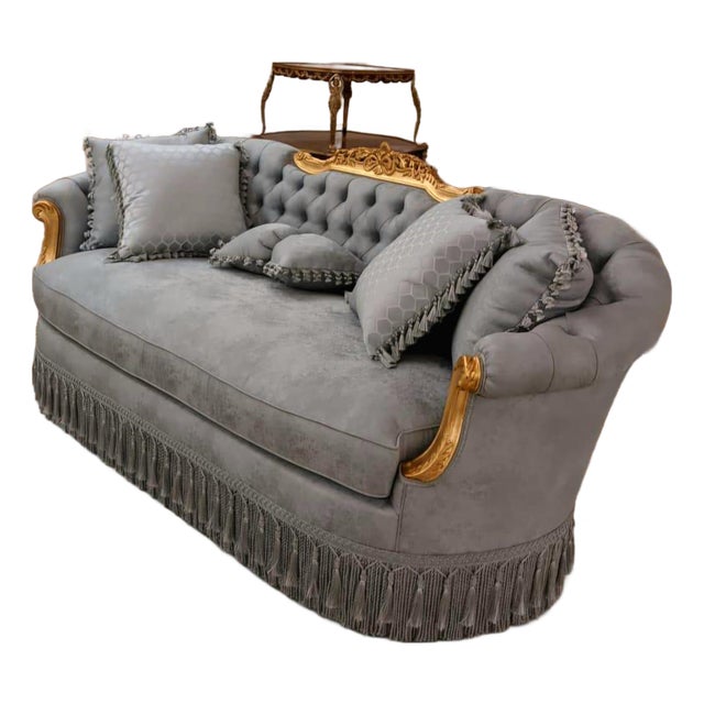 Louis XVI Grand Sofa With Green Blue Velvet Upholstery, Hand-Gilded Gold Leaf Frame & Hand-Painted Floral Medallion For Sale