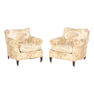 George Smith Floral Upholstered Armchairs, Pair For Sale