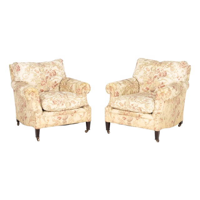 George Smith Floral Upholstered Armchairs, Pair For Sale