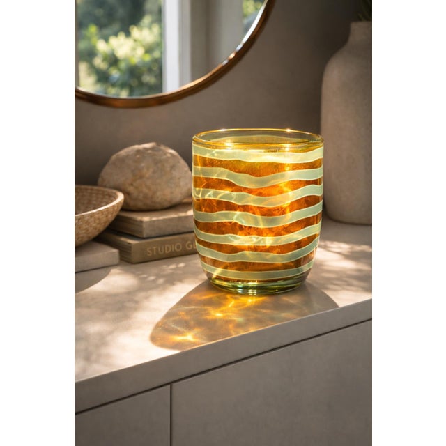 Vintage Hand-Blown Art Glass Vase With Seafoam Green Satin Stripes and Amber Ground – Modern Studio Glass Vessel For Sale In Los Angeles - Image 6 of 8