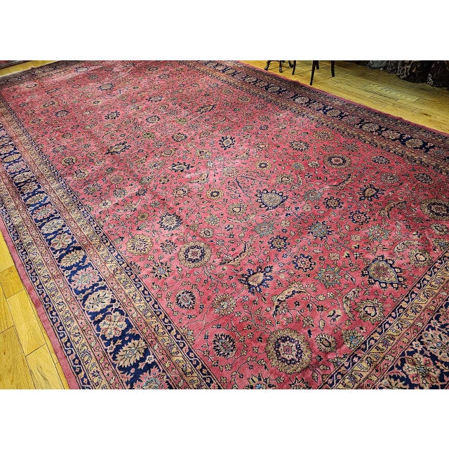 Vintage Oversize Tabriz Design Rug, Hand-Knotted Wool, Allover Geometric Pattern, Pale Red & Navy, 13x24 For Sale - Image 16 of 16