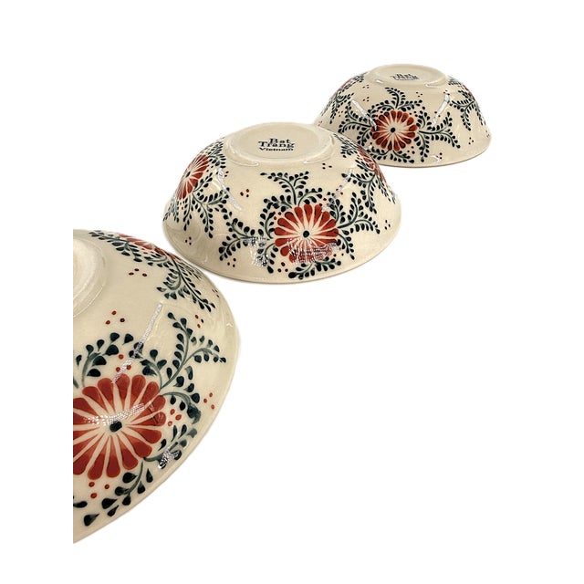 Asian Modern Bat Trang Vietnam Multipurpose Ceramic Bowls Hand Painted in Red & Blue Floral Motif - Set of 6 For Sale In New York - Image 6 of 8