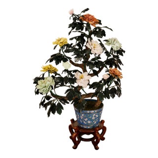 Life-Size Jade Carnelian Quartz Tree in Cloisonne Pot - 12 Flowers For Sale