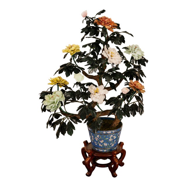 Life-Size Jade Carnelian Quartz Tree in Cloisonne Pot - 12 Flowers For Sale