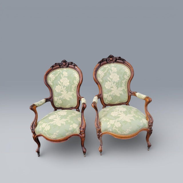 American 19th Century American Carved Rosewood Living Room Arm Chairs Newly Upholstered For Sale - Image 3 of 18