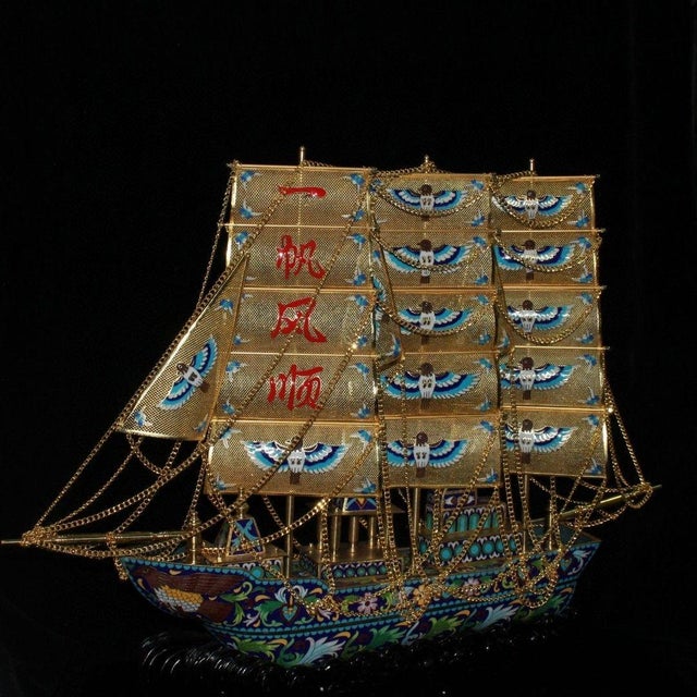 This striking vintage cloisonne enamel ship model brings a touch of traditional elegance and auspicious symbolism to any...
