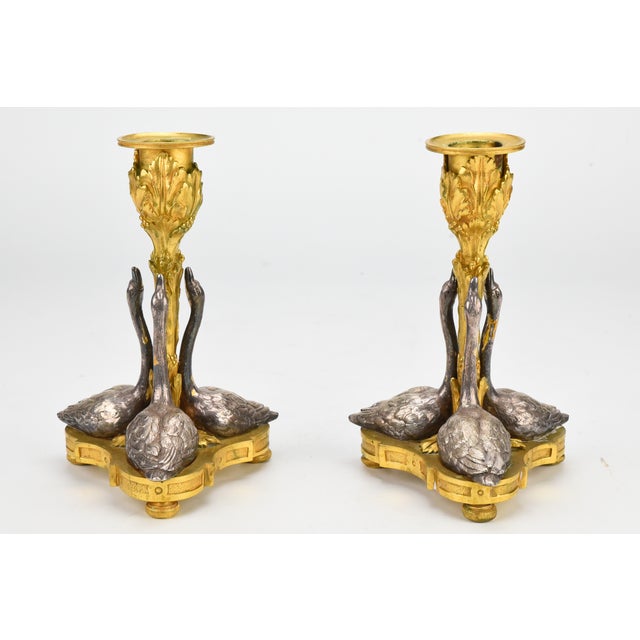 Bronze Early 19th Century William IV Ormolu Candlesticks With Silvered Bronze Swans - a Pair For Sale - Image 8 of 10