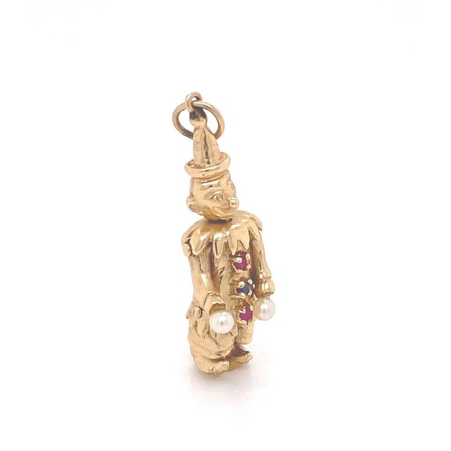 Contemporary Mid 20th Century Pearl Sapphire & Ruby 14k Yellow Gold Movable Clown Charm Pendant For Sale - Image 3 of 7