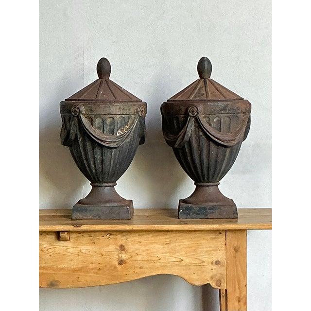 Black Vintage Regency Cast Iron Swag Lidded Urns - A Pair For Sale - Image 8 of 8